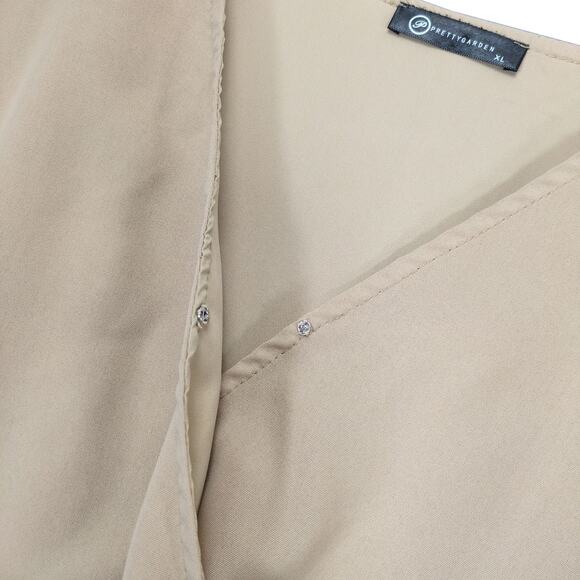 Pretty Garden Women's XL Beige Pleated Wrap Maxi Dress Short Puff Sleeves V-Neck - Picture 5 of 7